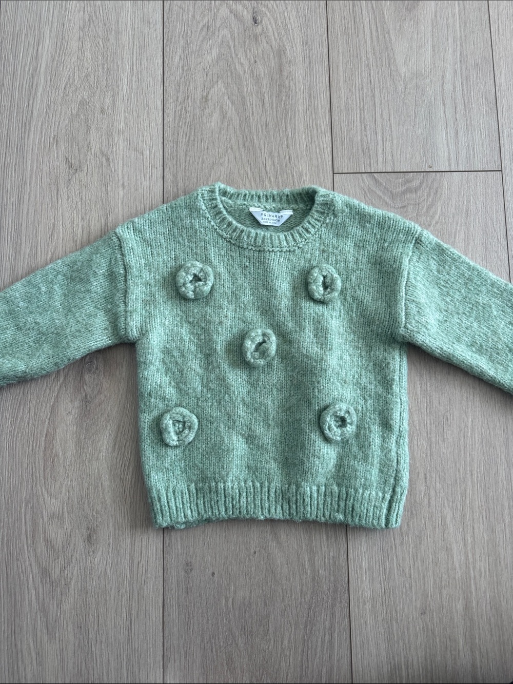 Primark Mint Green Kids Knit Sweater with Flower Pom Details